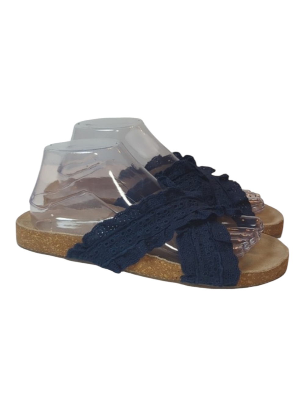 Anthropologie Bianca Ruffled Navy Blue Lace Slide Sandals Size 9